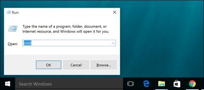Type “cmd” and then click “OK” to open a Command Prompt
