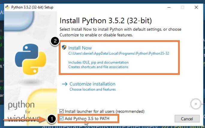 Windows setup run the python installer