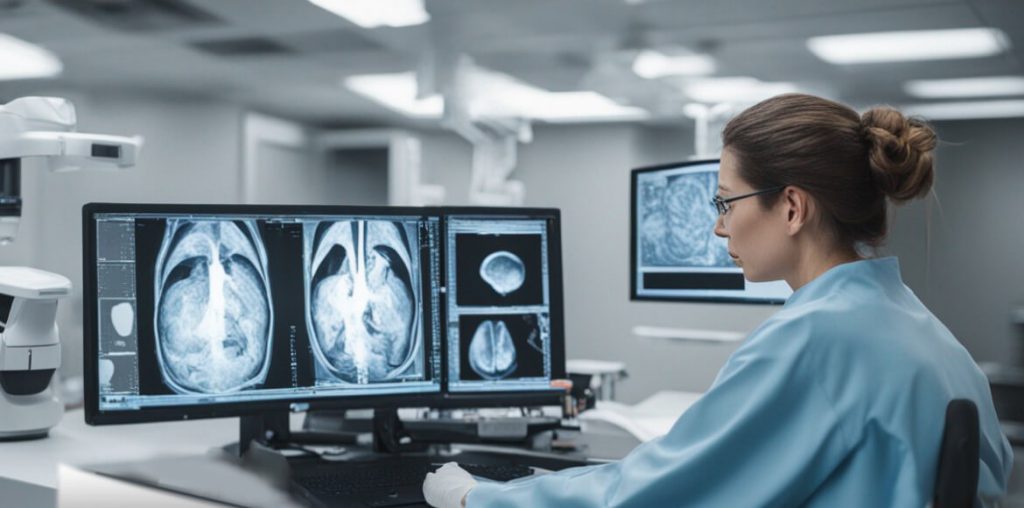 A radiologist immersed in analyzing high-definition medical images on a PACS system