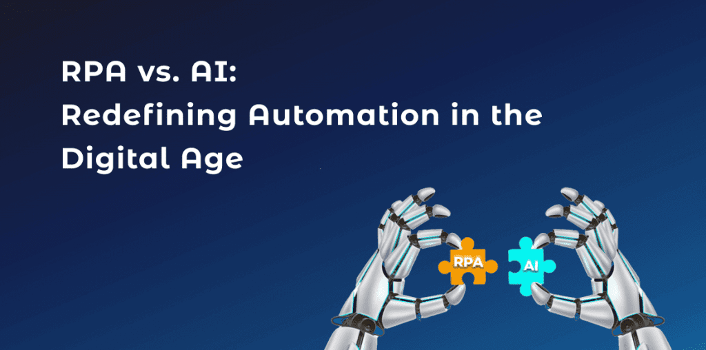 Two robotic hands symbolizing the convergence of RPA and AI in automation.