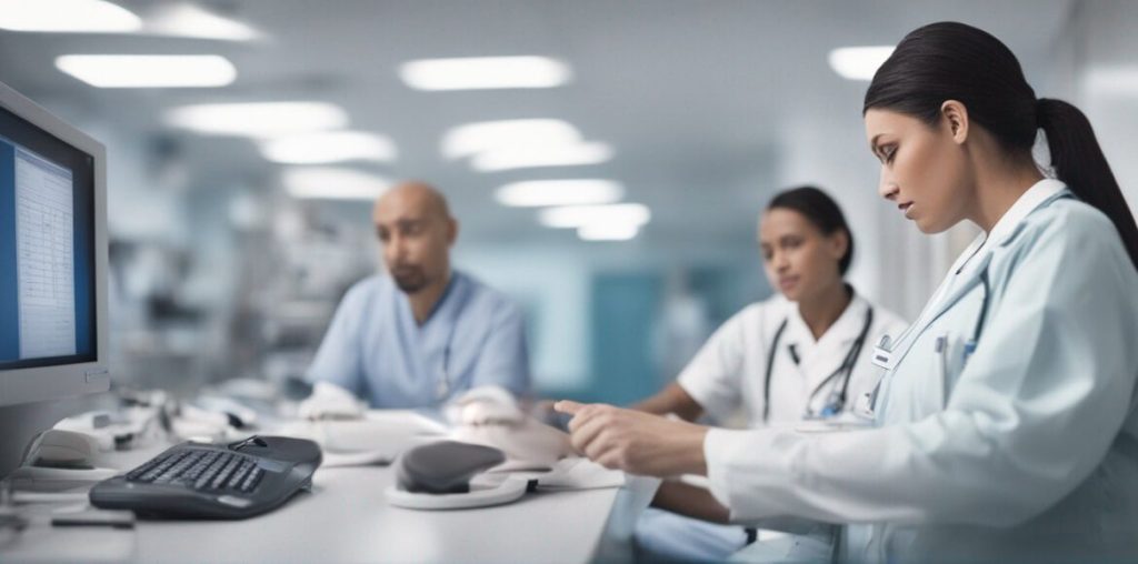 Hospital staff seamlessly coordinating tasks using a state-of-the-art management system