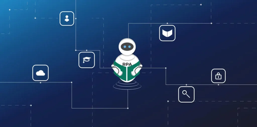 Infographic illustrating the role of RPA in streamlining educational administration, enabling more focused teaching and learning